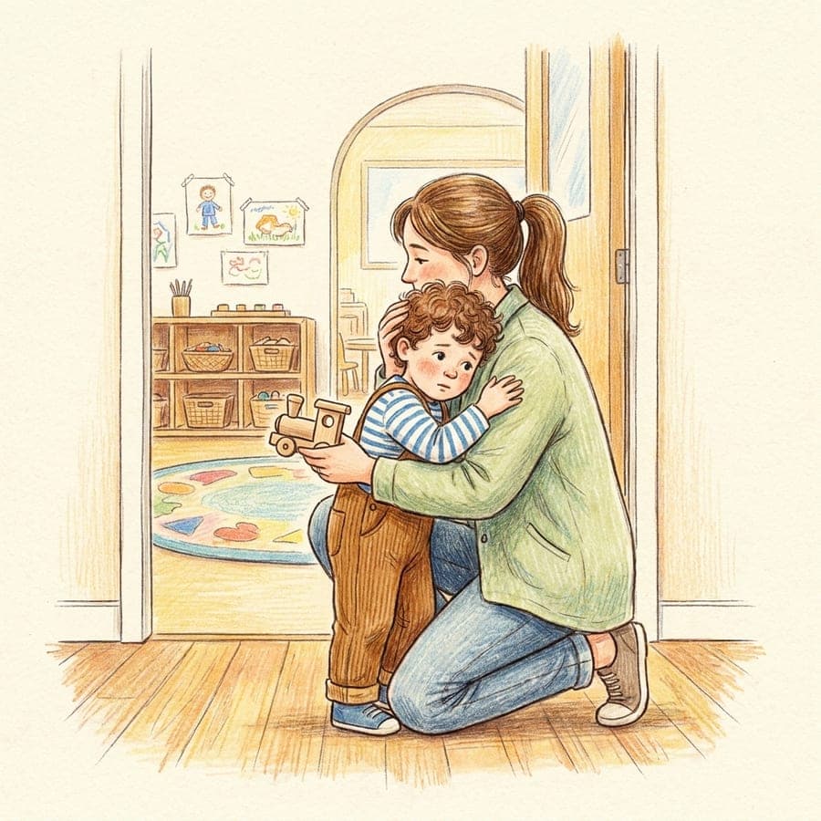 An illustrated page: a mother kneels to hug her small son goodbye in a classroom.