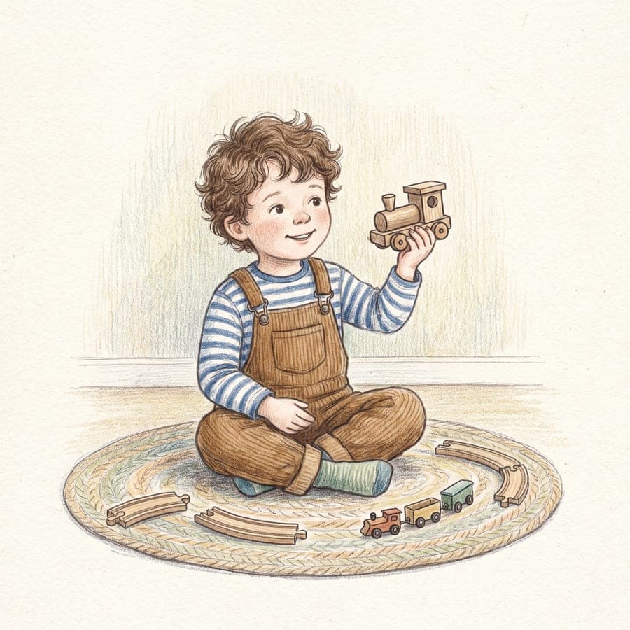 An illustrated page: a smiling boy in corduroy overalls sits on a rug and holds up a wooden toy train.